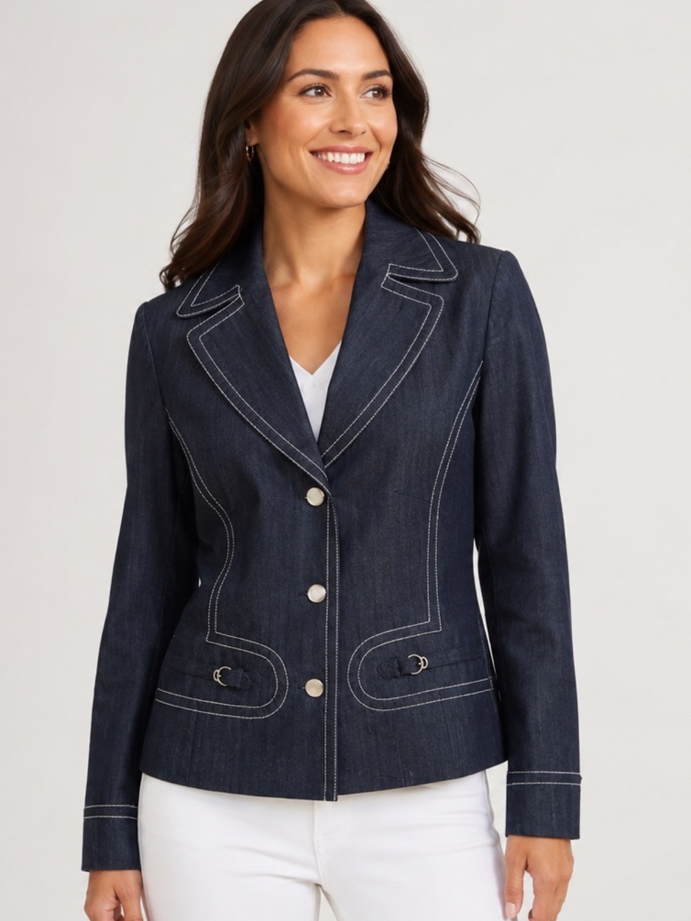 Cole Haan denim button jacket prominent white contrast stitching size 4